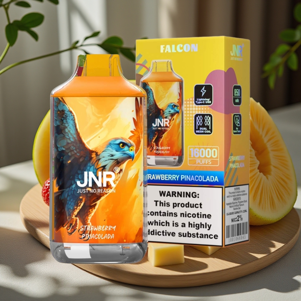 JNR Falcon 16000 Puffs Disposable Vape Aardbei Pina Colada 850mAh 22ml Dual Mesh Coil Type C LED Display 0%,2%