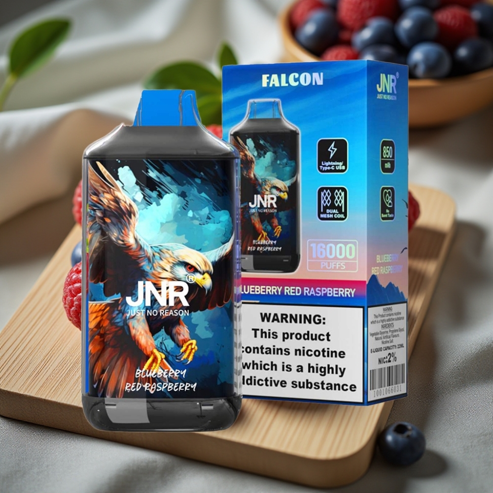 JNR Falcon 16000 Puffs Disposable Vape Blauwe Bes Rode Framboos 850mAh 22ml Dual Mesh Coil Type C LED