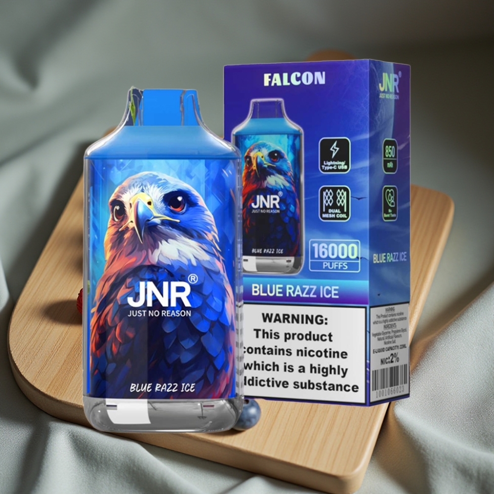 JNR Falcon 16000 Puffs Disposable Vape Blauwe Framboos IJs 850mAh 22ml Dual Mesh Coil Type C Lightning LED Display 0% 2%