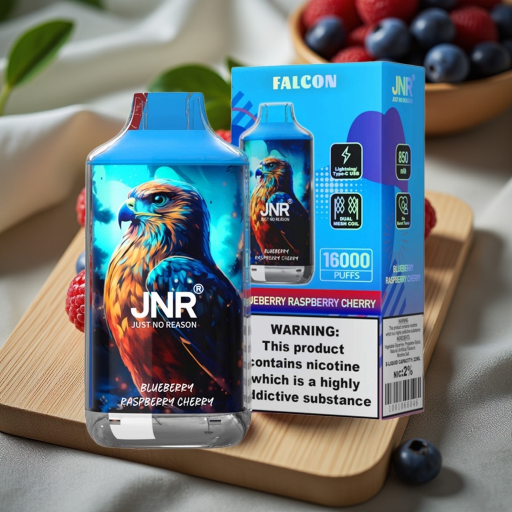 JNR Falcon 16000 Puffs Disposable Vape Bosbes Framboos Kers 850mAh 22ml Dual Mesh Type C LED 0%2%