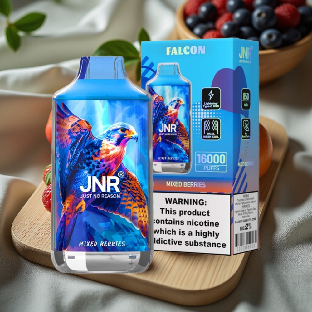 JNR Falcon 16000 Puffs Disposable Vape Gemengde Bessen 850mAh 22ml Dual Mesh Coil Type C LED Display 0% 2% Nicotine
