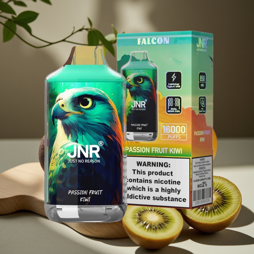 JNR Falcon 16000 Puffs Disposable Vape Passievrucht Kiwi 850mAh 22ml Dual Mesh Coil Type C LED