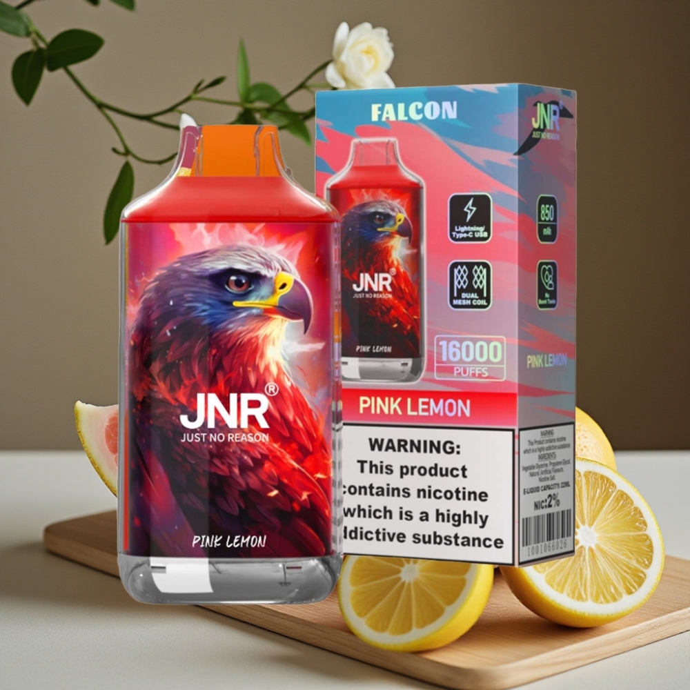 JNR Falcon 16000 Puffs Disposable Vape Roze Citroen 850mAh 22ml Dual Mesh Coil Type C & Lightning Smart LED Display 0%,2%