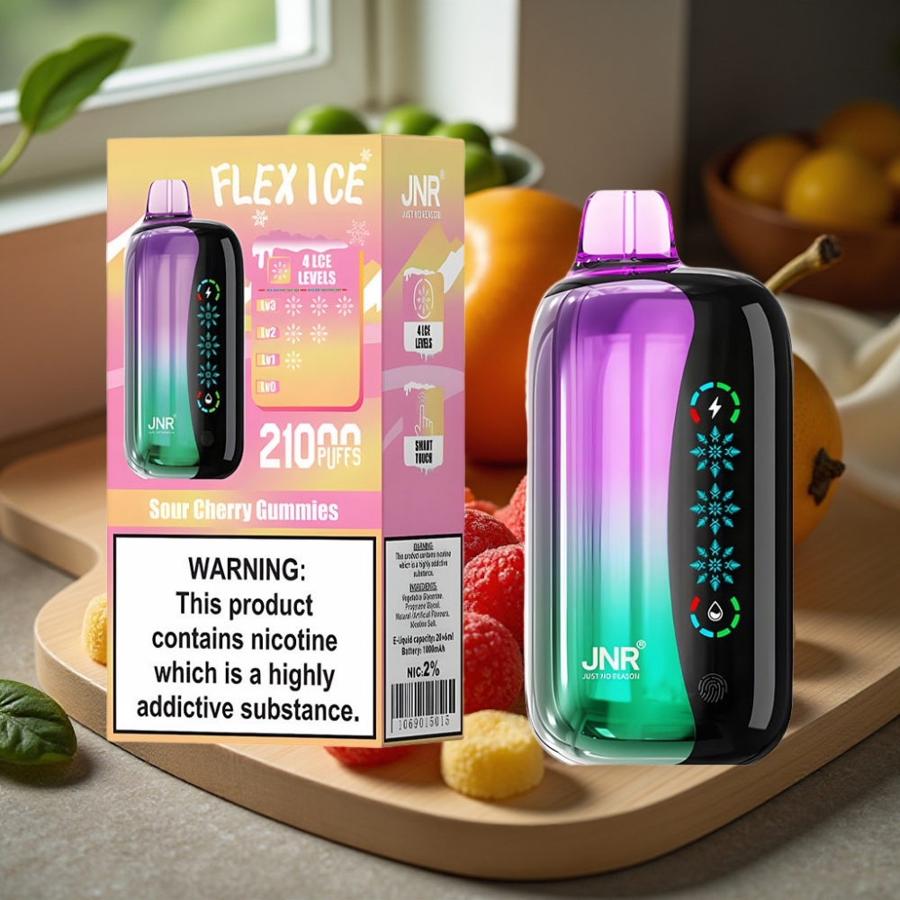 JNR Flex Ice 21000 Puffs Disposable Vape Zure Kersen Gummies Ice Adjustable 26ml Touch Screen 1.2 Ohm Dual Mesh Type-C