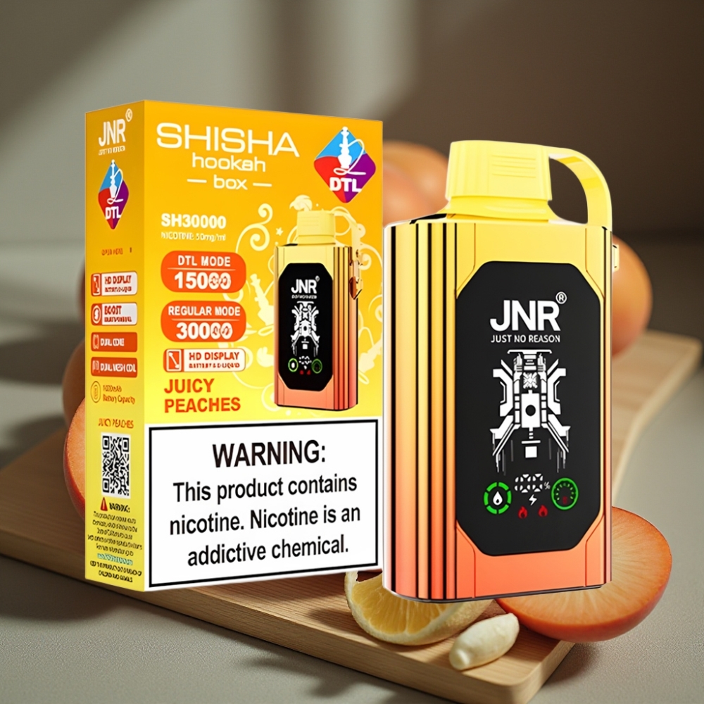 JNR Shisha Hookah Box 20500 Puffs Disposable Vape Sappige Perziken HD Display 1000mAh Type-C