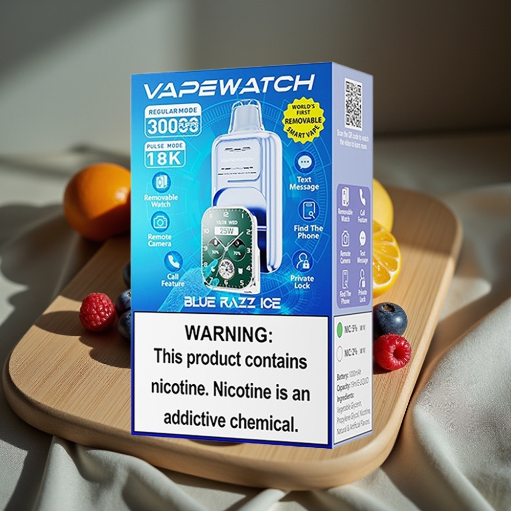 JNR VapeWatch 30000 Puffs Wegwerp Vape Blauwe Framboos Ijs 1000mAh 19mL 5% Dual Mesh Coil Type-C