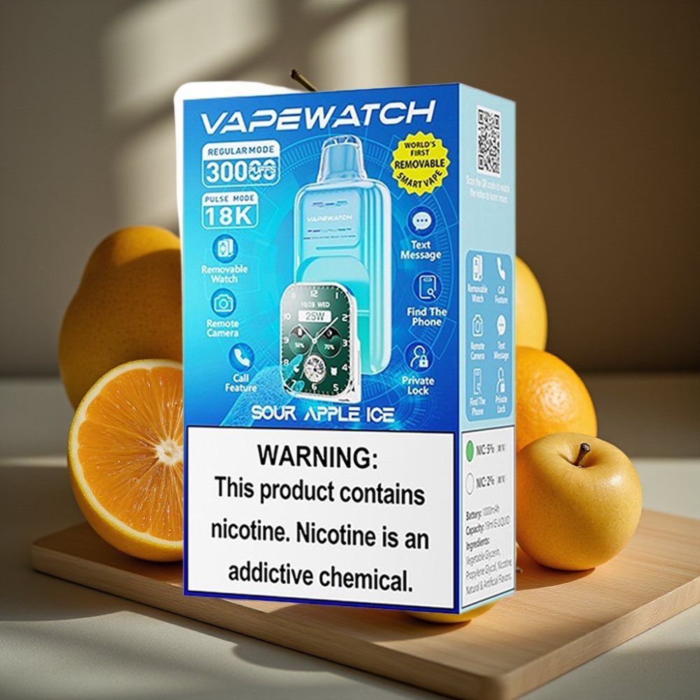 JNR VapeWatch 30000 Puffs Wegwerpbare Vape Zure Appel IJs 1000mAh 19mL 5% Dual Mesh Coil Type-C