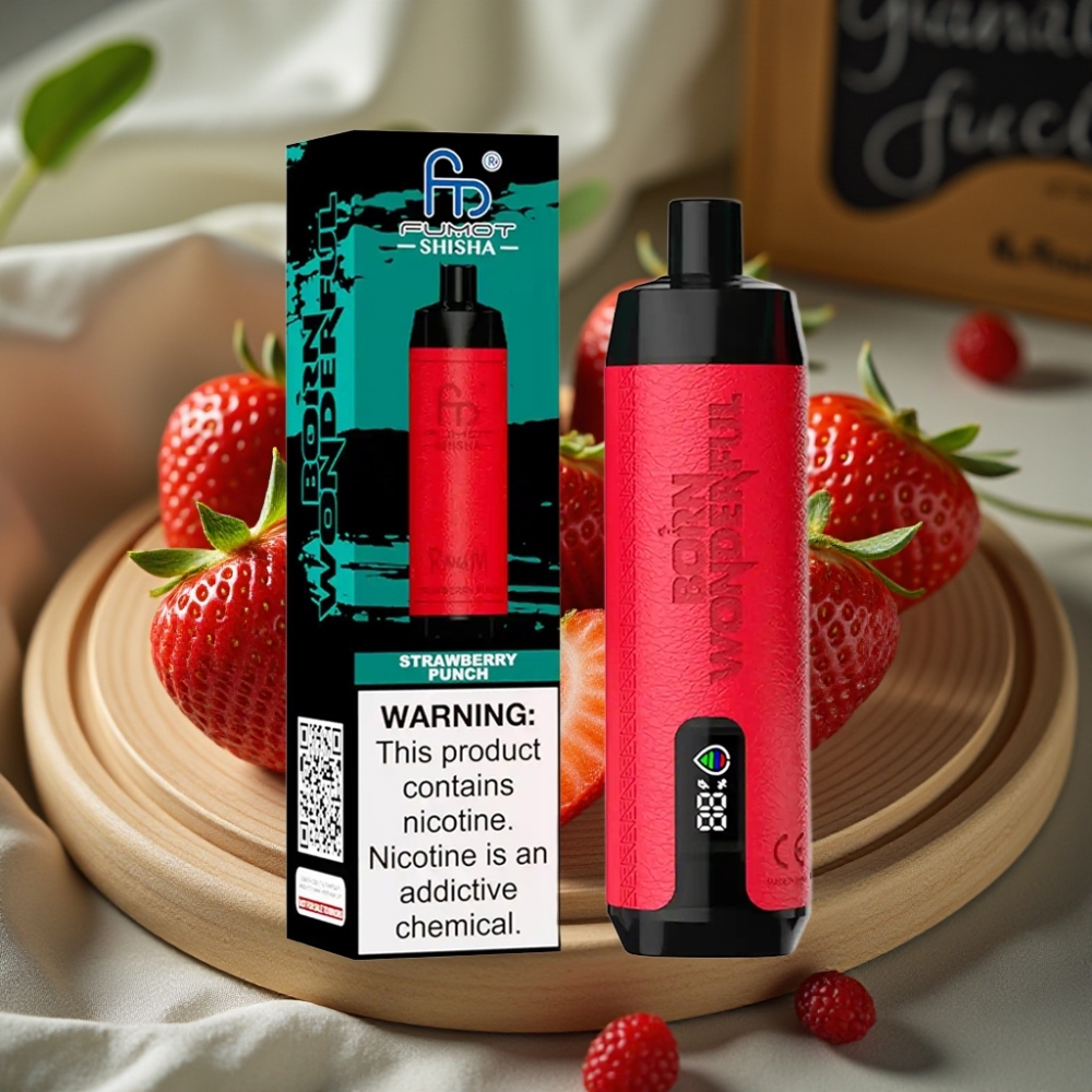 RandM Fumot Shisha 10000 Puffs Disposable Vape Aardbei Punch LED Type-C 850mAh 18ml 0.6ohm Mesh 0.5% Nic