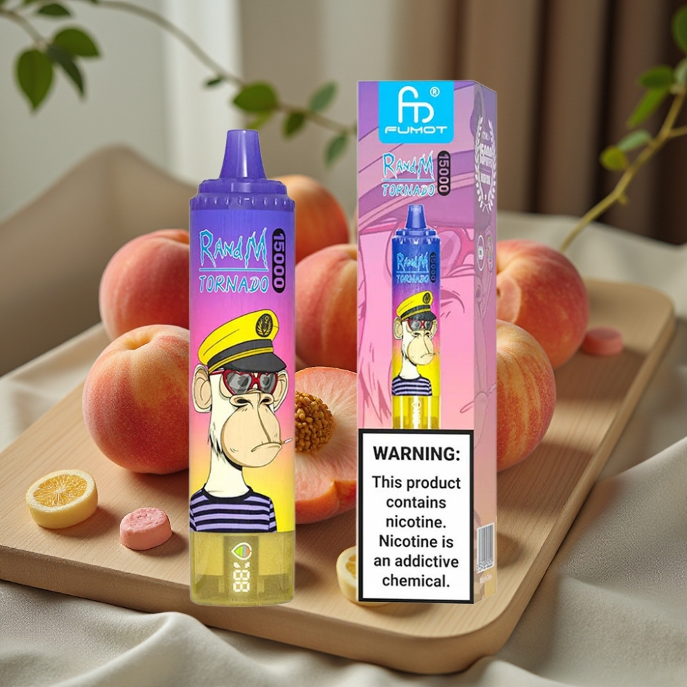 RandM Fumot Tornado 15000 Puffs 25ml 850mAh Type-C LCD Perzik Bosbes Snoep Disposable Vape