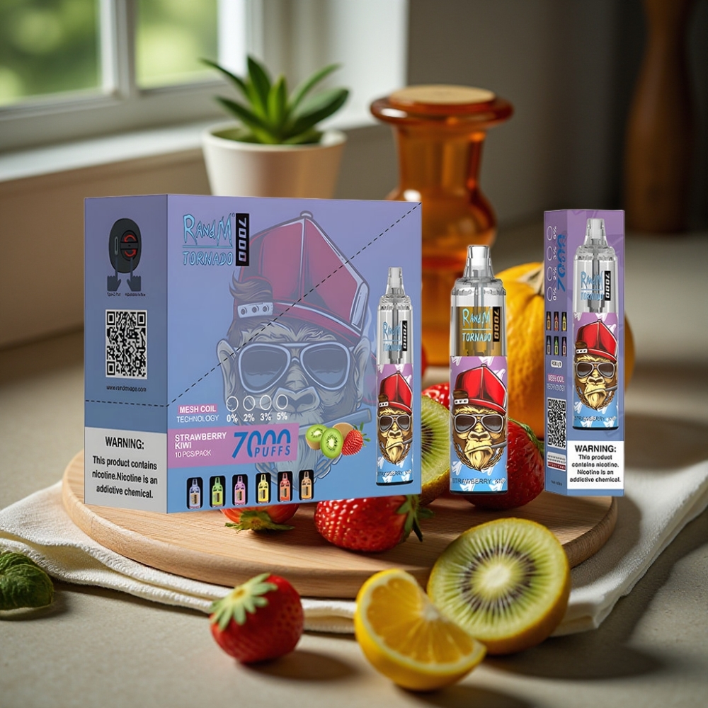 RandM Fumot Tornado 7000 Puffs 14ML 850MAH Mesh Coil Type-C RGB Licht Ajusteerbare Lucht Aardbei Kiwi Disposable Vape