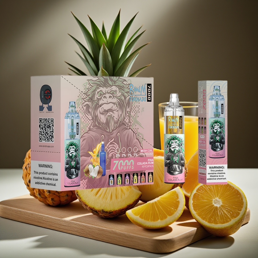 RandM Fumot Tornado 7000 Puffs 14ML 850MAH Mesh Coil Type-C RGB Licht Pina Colada Rum Disposable Vape