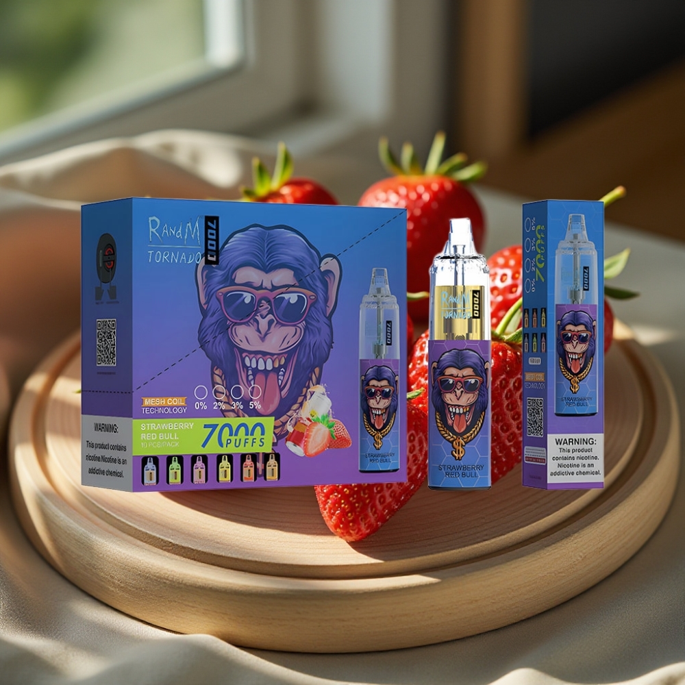 RandM Fumot Tornado 7000 Puffs 14ML 850MAH Mesh Coil Type-C RGB Luchtregelbaar Aardbei Red Bull