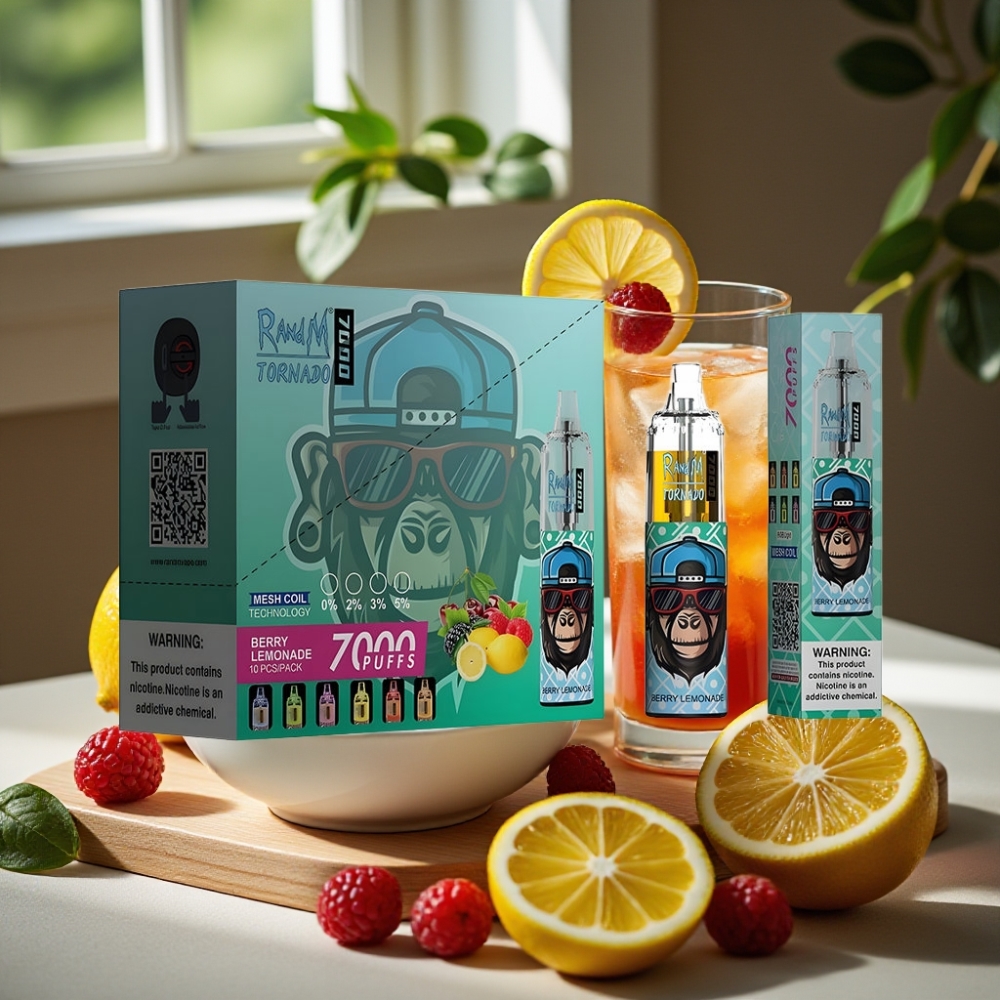 RandM Fumot Tornado 7000 Puffs 14ML 850MAH Mesh Coil Type-C RGB Luchtregelbaar Bes Limonade Disposable Vape