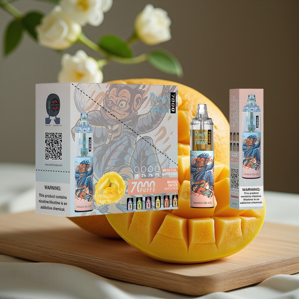 RandM Fumot Tornado 7000 Puffs 14ML 850MAH Mesh Coil Type-C RGB Luchtregeling Mango Op IJs Disposable Vape