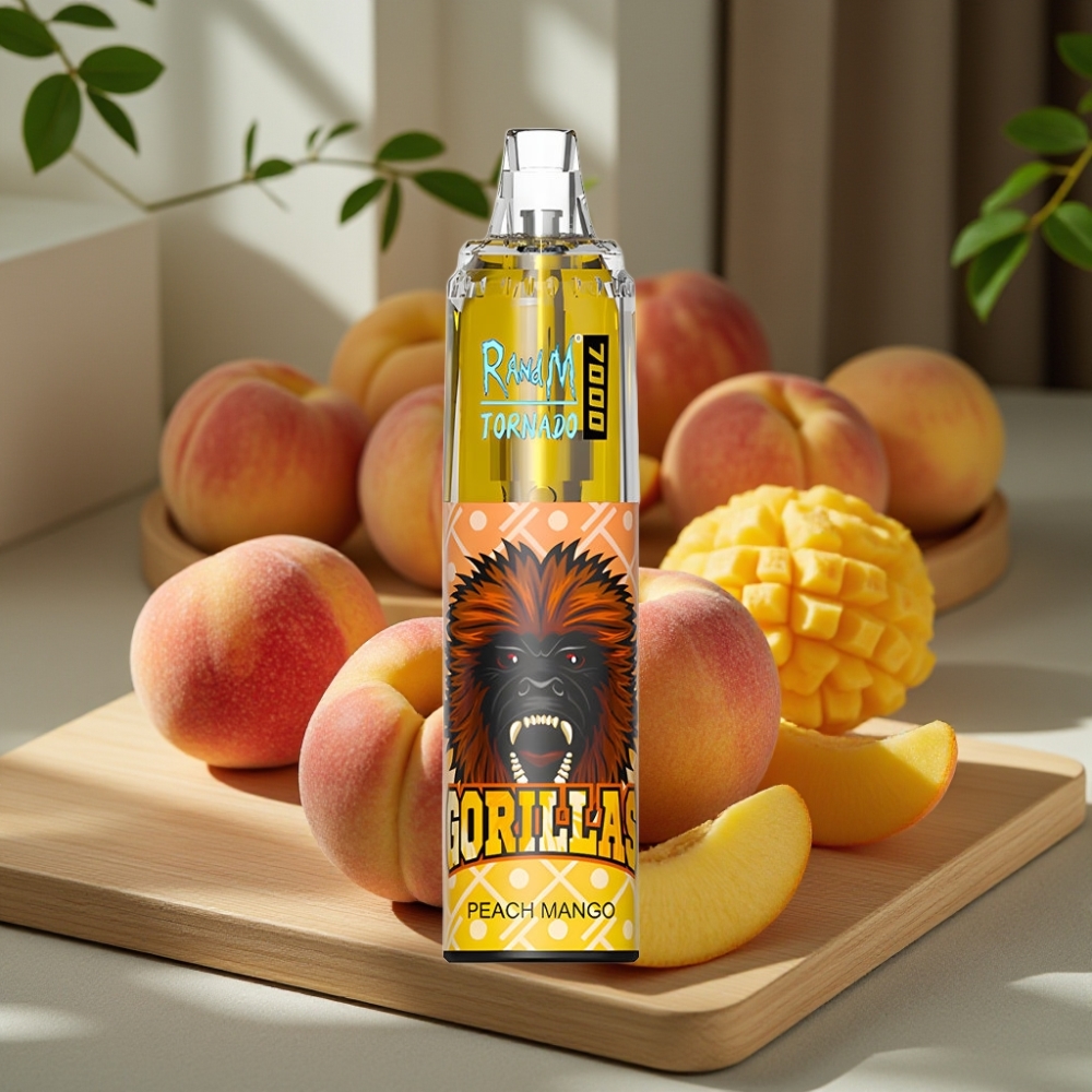 RandM Fumot Tornado 7000 Puffs 14ML 850MAH Mesh Coil Type-C RGB Luchtregeling Perzik Mango Disposable Vape