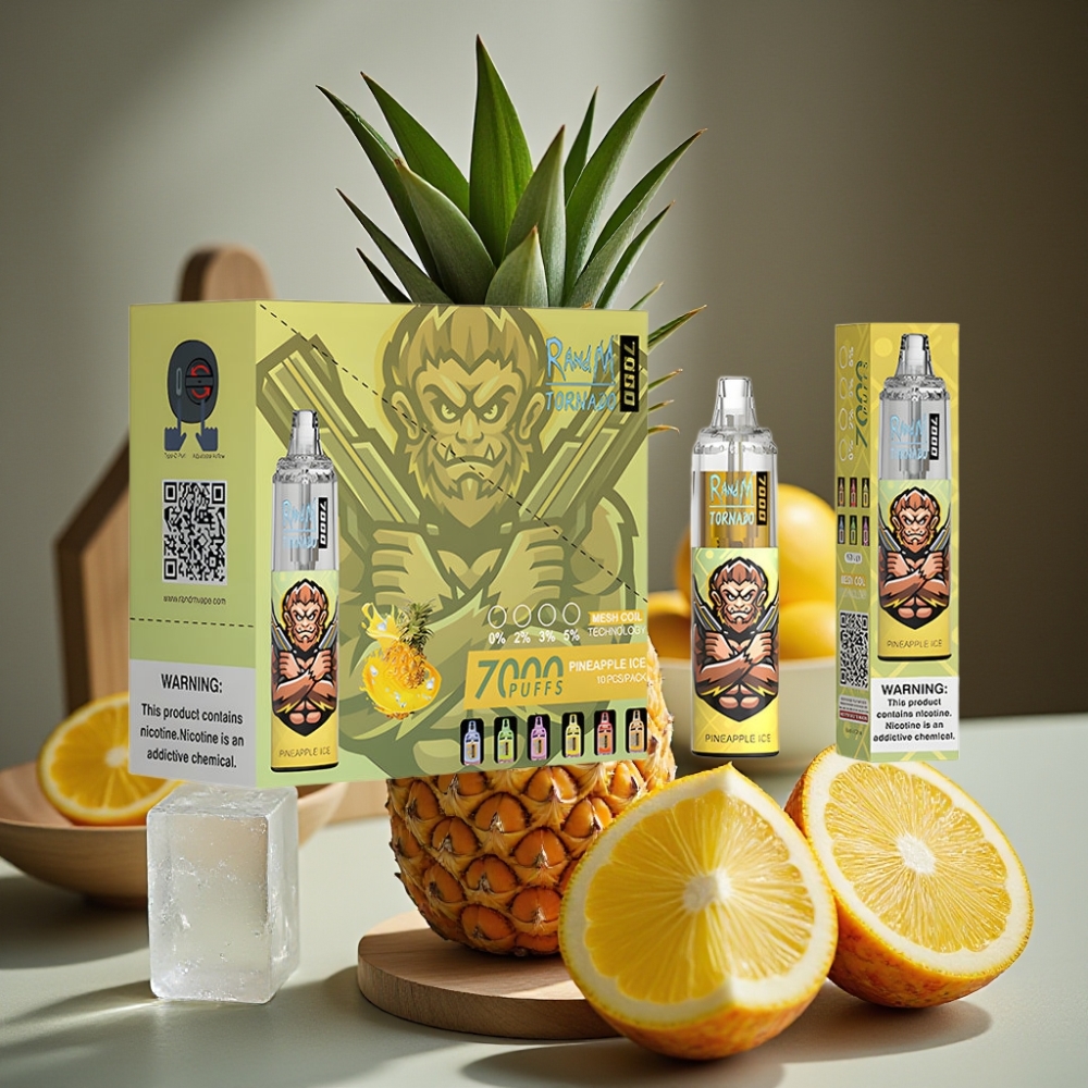 RandM Fumot Tornado 7000 Puffs 14ML Mesh Coil Type-C RGB Luchtregeling Ananas IJs Disposable Vape
