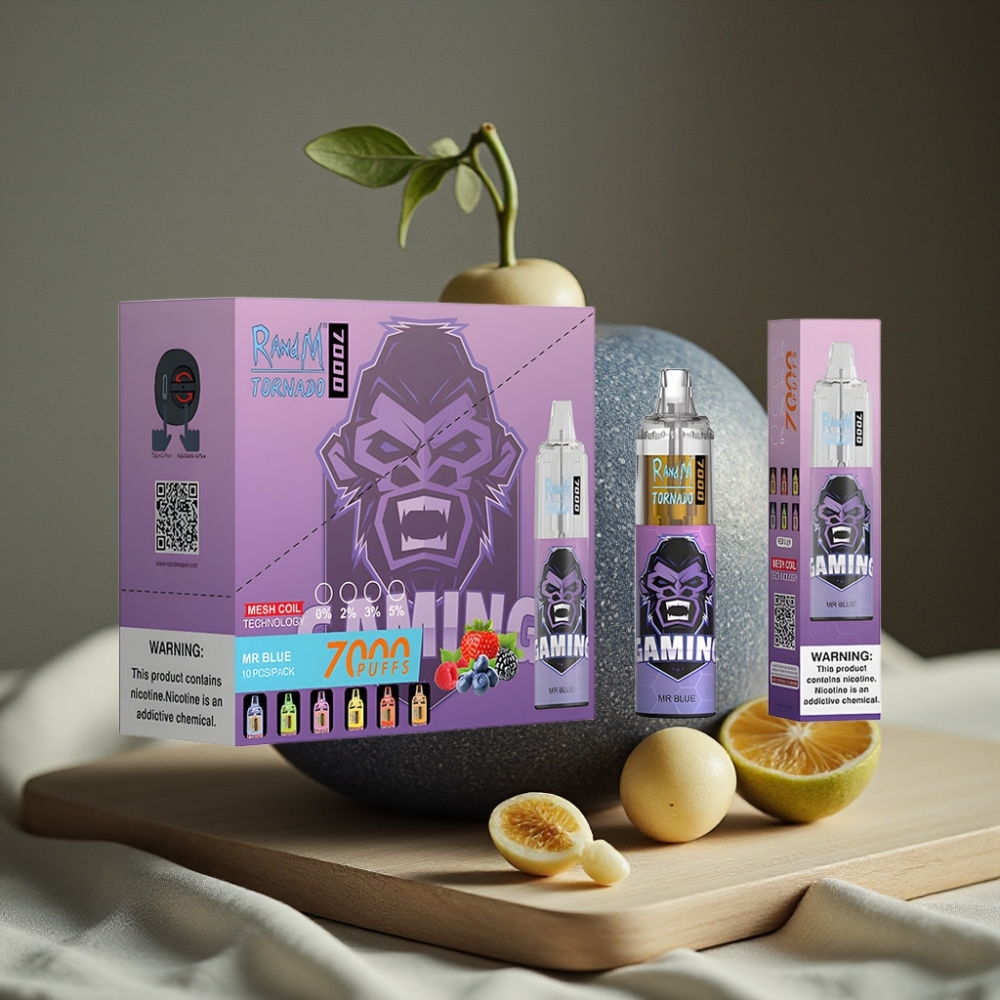 RandM Fumot Tornado 7000 Puffs Disposable Vape Dr. Blauw 14ML 850MAH Mesh Coil Type-C RGB Luchtafstelling