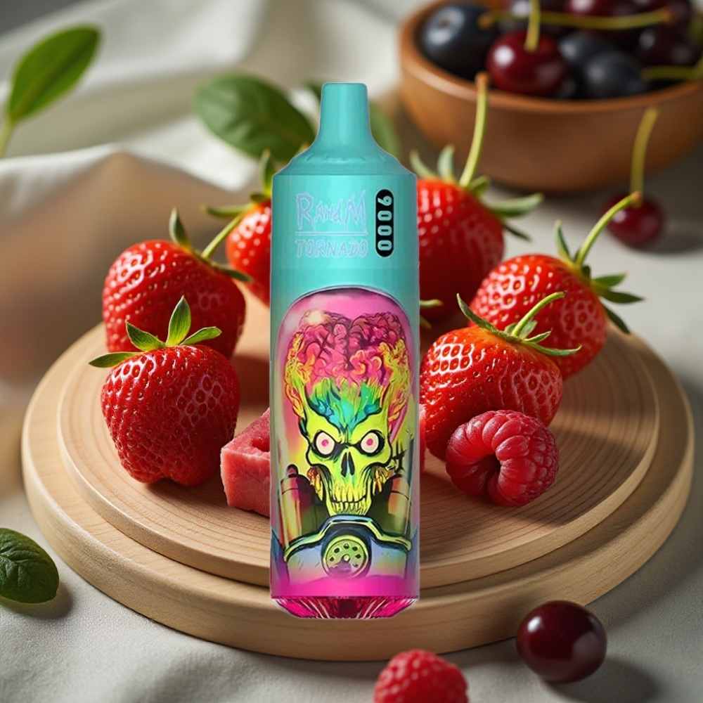 RandM Tornado 9000 Puffs 850 mAh Oplaadbaar 18 mL Mesh Coil RGB Display Aardbei Framboos Kers Ijs