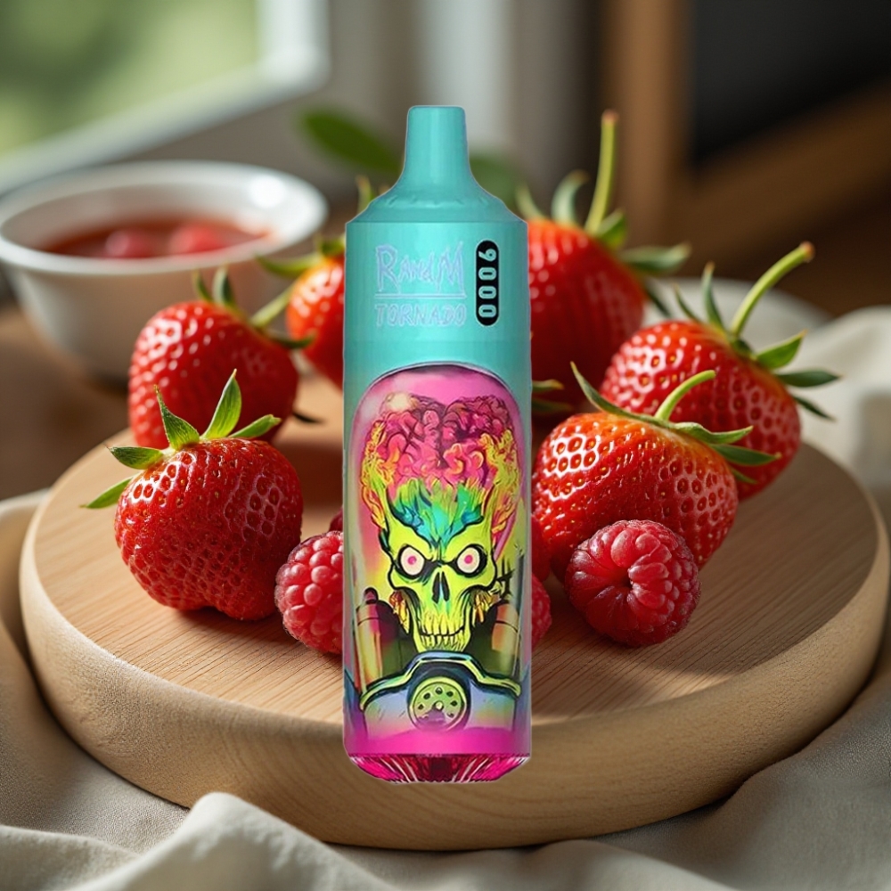 RandM Tornado 9000 Puffs 850 mAh Oplaadbaar 18 mL Mesh Coil RGB Display Aardbei Framboos