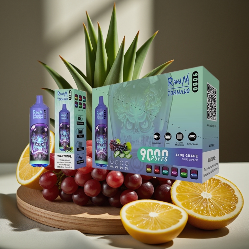 RandM Tornado 9000 Puffs 850 mAh Oplaadbaar 18 mL Mesh Coil RGB Display Aloë Druif