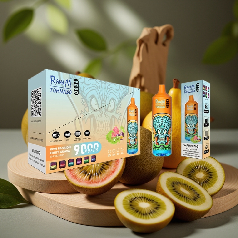 RandM Tornado 9000 Puffs 850 mAh Oplaadbaar 18 mL Mesh Coil RGB Display Kiwi Passievrucht Guave
