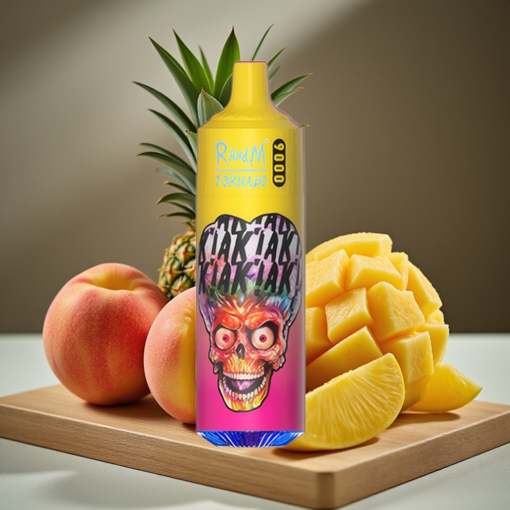 RandM Tornado 9000 Puffs 850 mAh Oplaadbaar 18 mL Mesh Coil RGB Display Perzijk Mango Ananas
