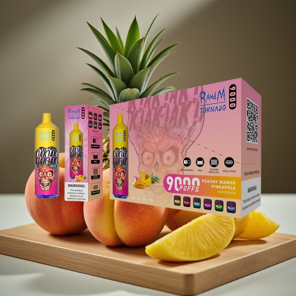 RandM Tornado 9000 Puffs 850 mAh Oplaadbaar 18 mL Mesh Coil RGB Display Perzijk Mango Ananas