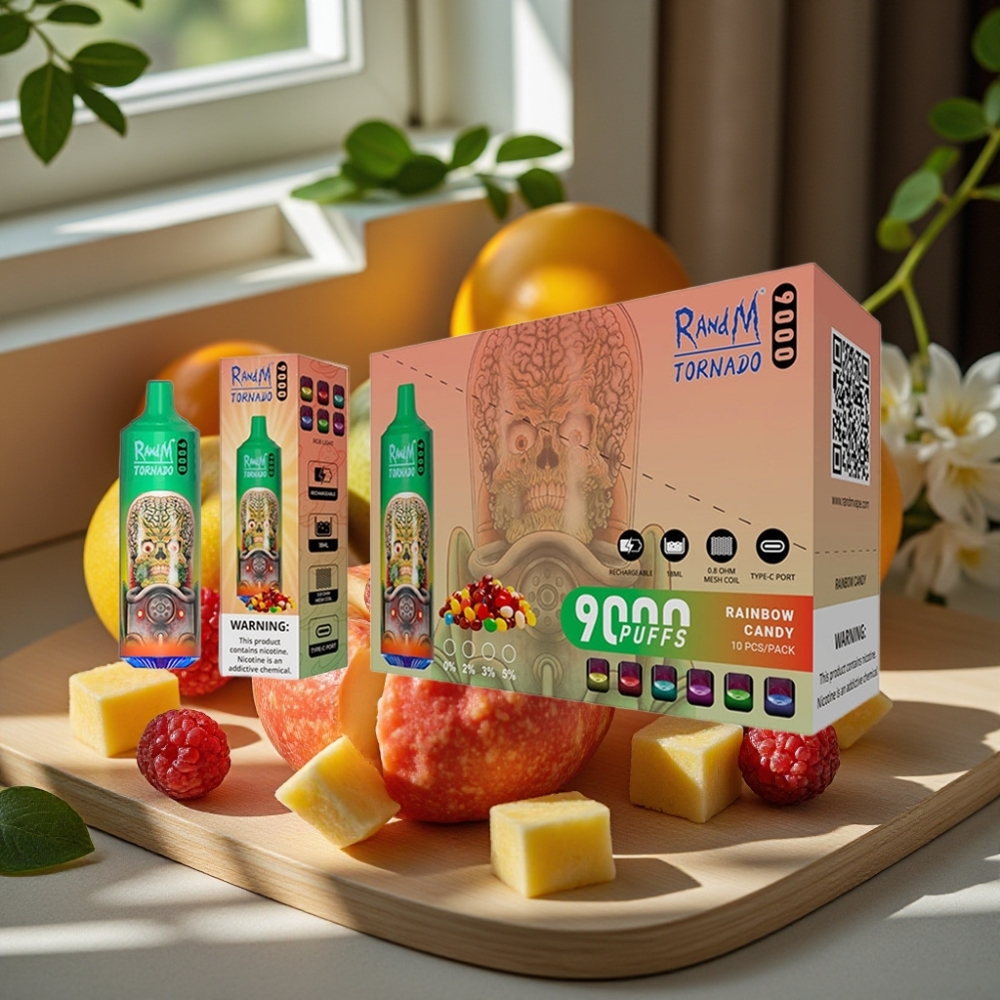 RandM Tornado 9000 Puffs 850 mAh Oplaadbaar 18 mL Mesh Coil RGB Display Regenboog Snoep