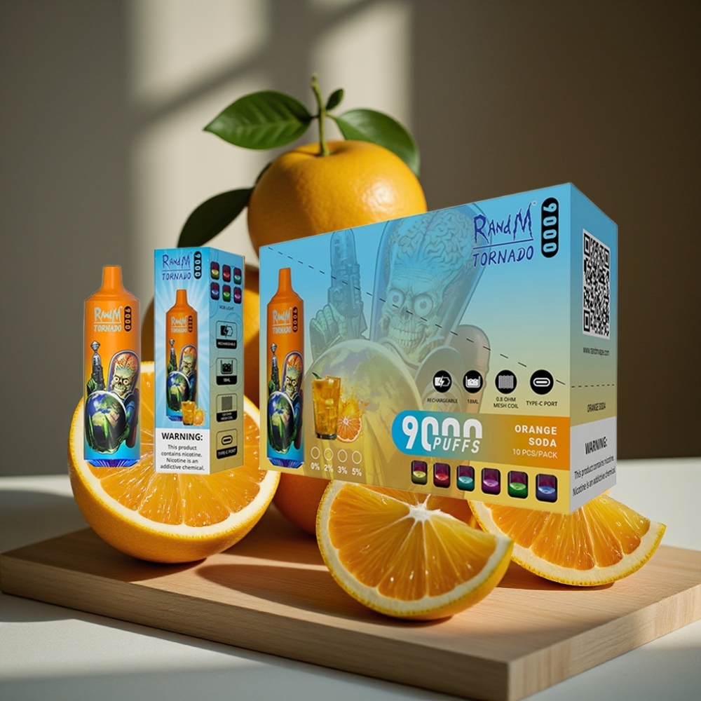 RandM Tornado 9000 Puffs 850 mAh Oplaadbaar 18 mL Mesh Coil RGB Display Sinaasappelfrisdrank