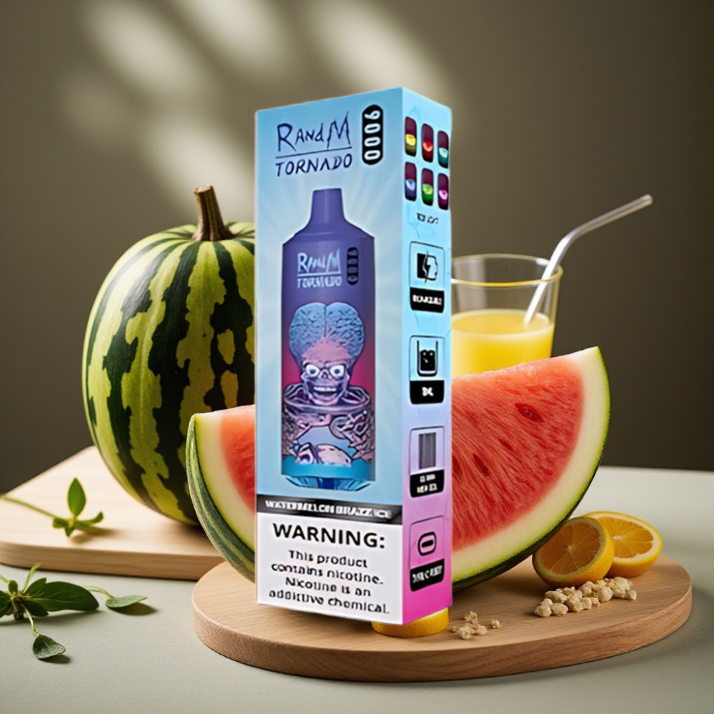 RandM Tornado 9000 Puffs 850 mAh Oplaadbaar 18 mL Mesh Coil RGB Display Watermeloen Brazz IJs