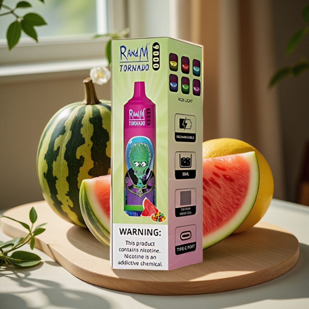 RandM Tornado 9000 Puffs 850 mAh Oplaadbaar 18 mL Mesh Coil RGB Display Watermeloen Bubble Gum