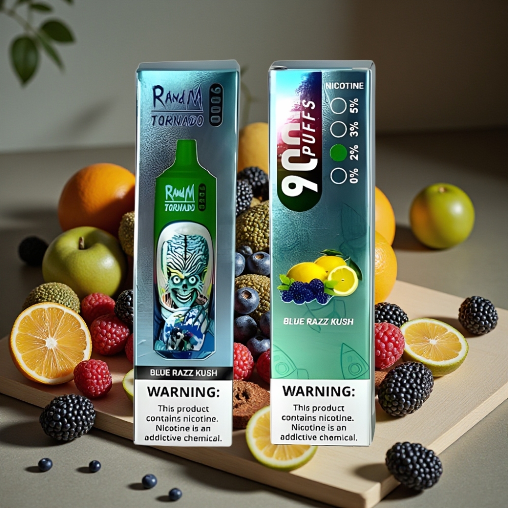 RandM Tornado 9000 Puffs Herlaadbare Disposable Vape Blauwe Razz Kush 18mL Mesh Coil RGB Display