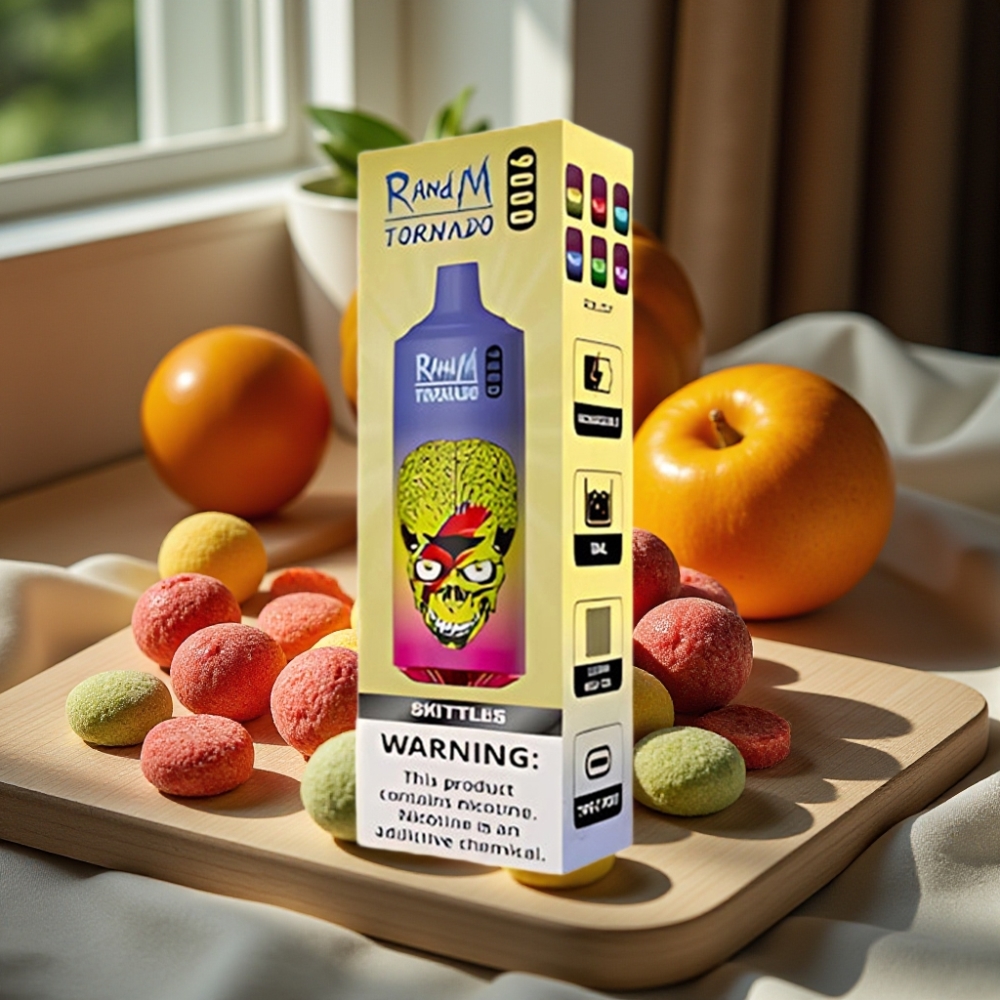 RandM Tornado 9000 Puffs Herlaadbare Disposable Vape Mesh Coil RGB Display 18 mL Skittles (Zure Regnbogen)
