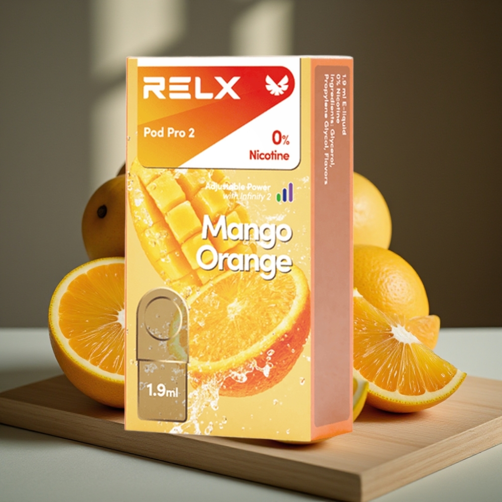 RELX Pod Pro 2 600 Puffs 1.9ml 0% Nicotine Mango Oranje 3 Voltage Modes